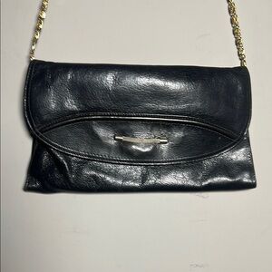 Scepi made in Italy Elegant Black Leather vintage Clutch with gold chain